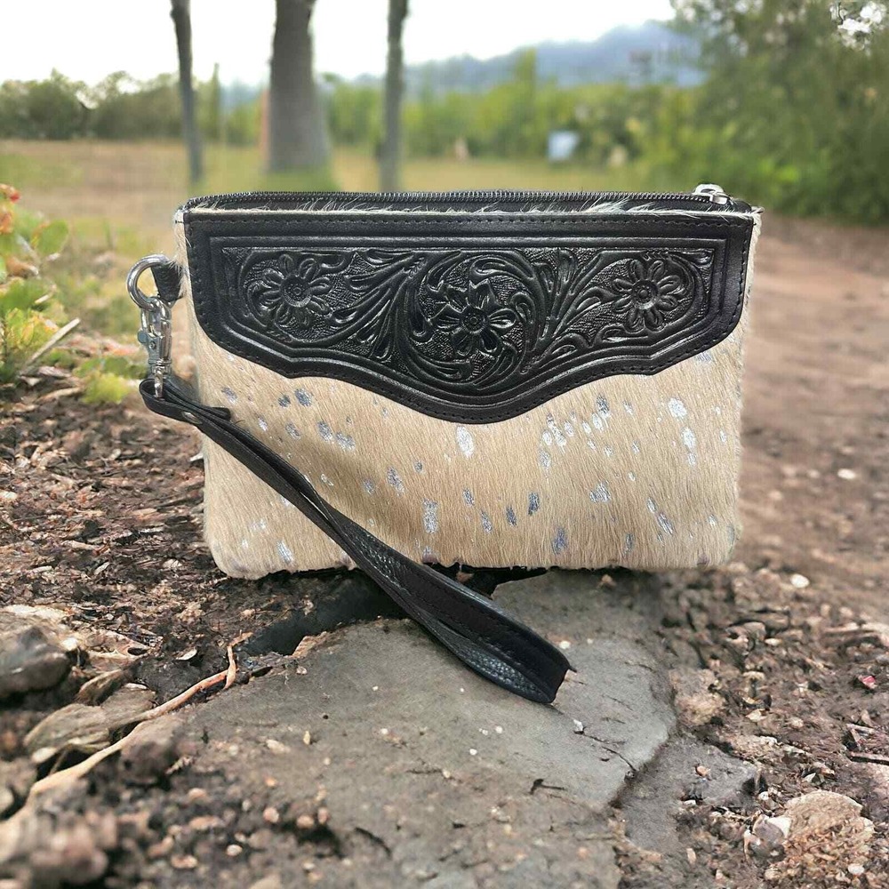 REAL Cowhide Leather Wristlet ~ White‎ & Silver Fur